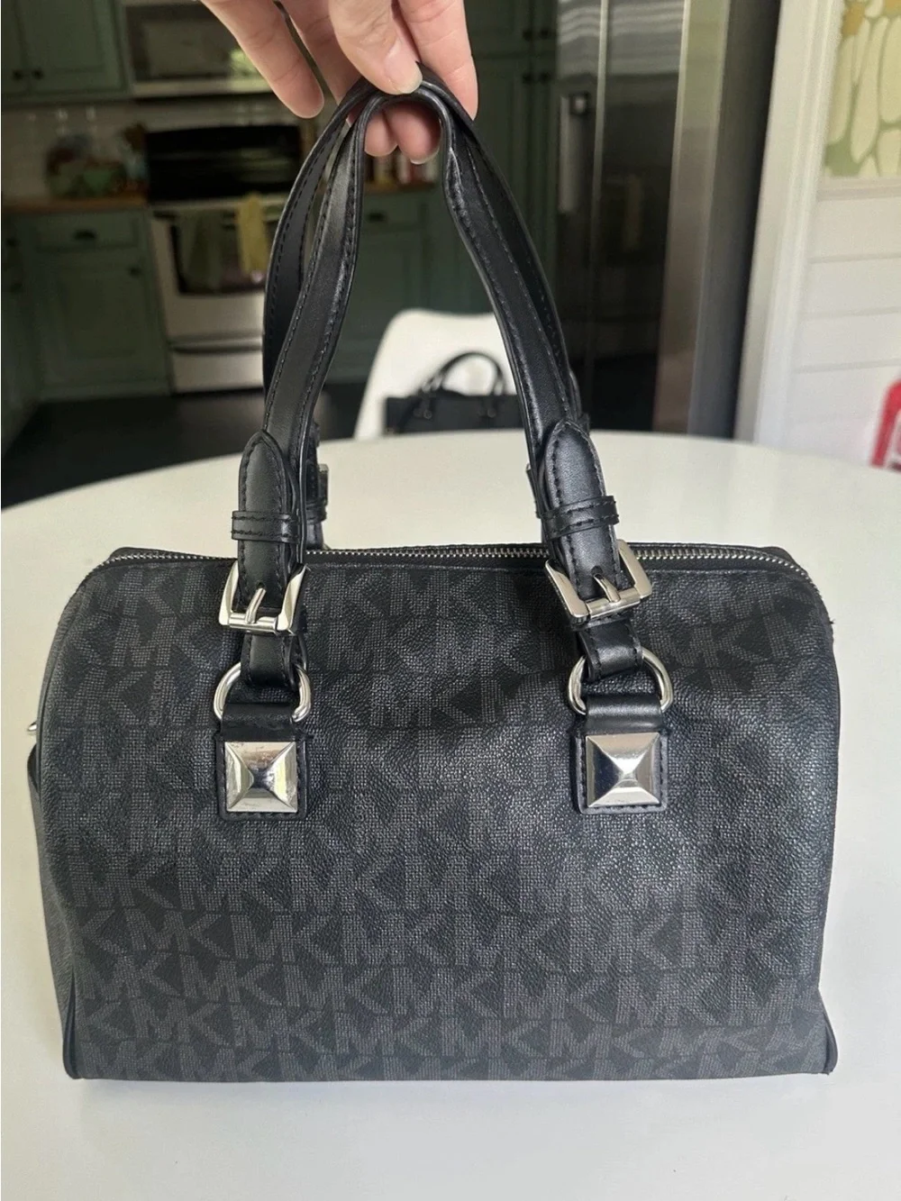 Michael Kors Black MK Logo Dome Satchel with Silver Hardware Grayson